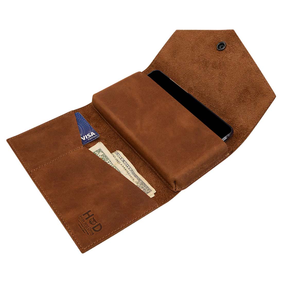 Open Angular Wallet for Cell Phone by Hide & Drink showcasing its spacious interior, made from Full Grain Leather, perfect for storing your phone and essentials. This handcrafted Cell Phone Wallet emphasizes small batch production and artisanal craftsmanship from La Antigua Guatemala and Oaxaca Mexico.