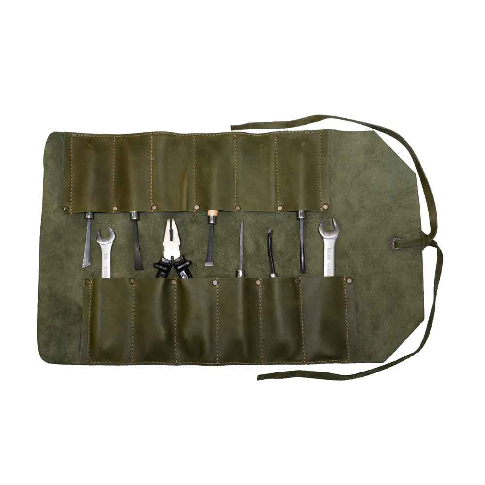 Hide & Drink Tool Roll (12 Pockets): View of a stylish leather tool pouch, perfectly organized and ready for use on any project. Tool Bag Roll Up, 12 Slot Heavy Duty Tool Roll Bag Organizer, Tool Roll Up Bag, Portable Tool Wrap Roll Bags for Travel, Durable Tool Kit Folding Tool Pouch Roll Up Mechanic Gifts for Men, Full Grain Leather, StockyardX, Small Batch Production, Hand Cut, Hand Sewn, Fire Branded, Artisan, Handmade in La Antigua Guatemala & Oaxaca Mexico.