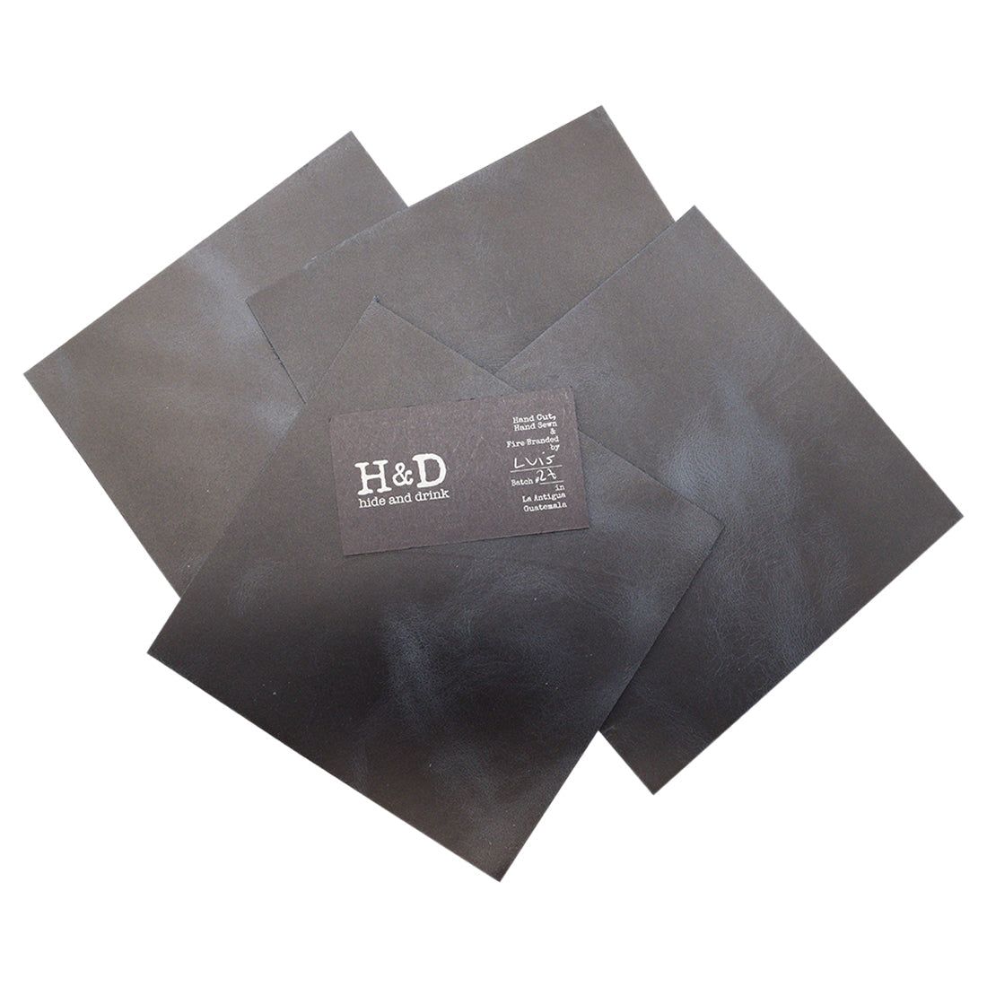 Hide & Drink Leather Squared Scraps 6 x 6 in. (4 Pack) displaying a set of four full grain leather rectangles, perfect for both crafting and tooling. Each 6x6 in. piece is artisan crafted in La Antigua Guatemala and Oaxaca Mexico, perfect for hobby workshop projects.
