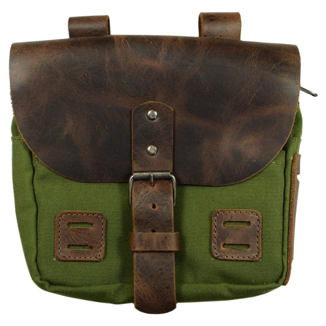 Stylish green Survival Camping Pouch by Hide & Drink, featuring a unique design. Made from Water Resistant Waxed Canvas & Full Grain Leather, perfect for tools and outdoor gear for survival kits.