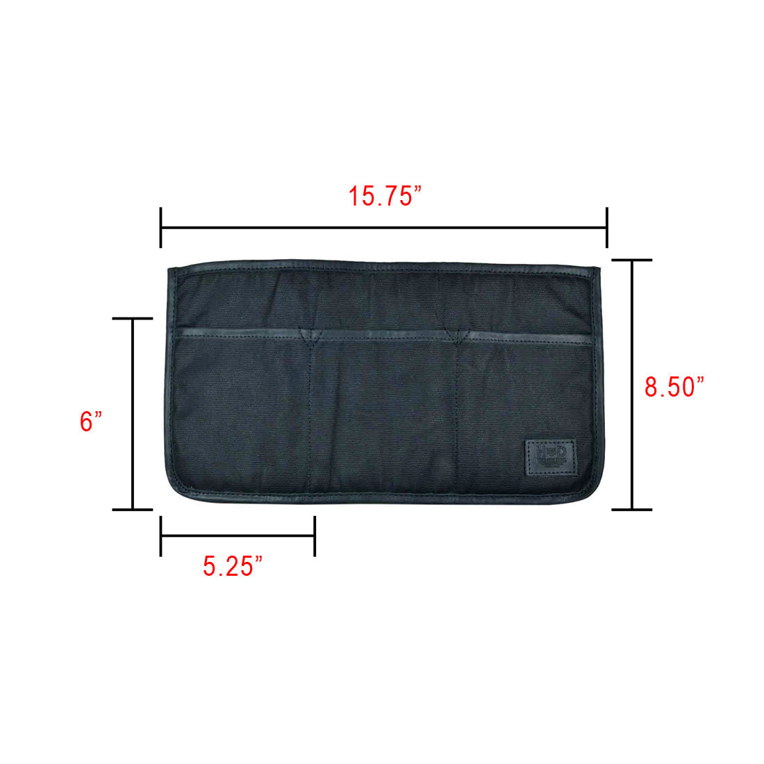 Detailed measurement image of the Laptop Protector W/Organizer for Bag by Hide & Drink, illustrating its dimensions. This functional Waxed Canvas Laptop Protector W/Storage Pockets offers great utility as a Briefcase Organizer, reflecting the ethos of Small Batch Production, Hand Cut, Hand Sewn, and Fire Branded artisan techniques from La Antigua Guatemala & Oaxaca Mexico.