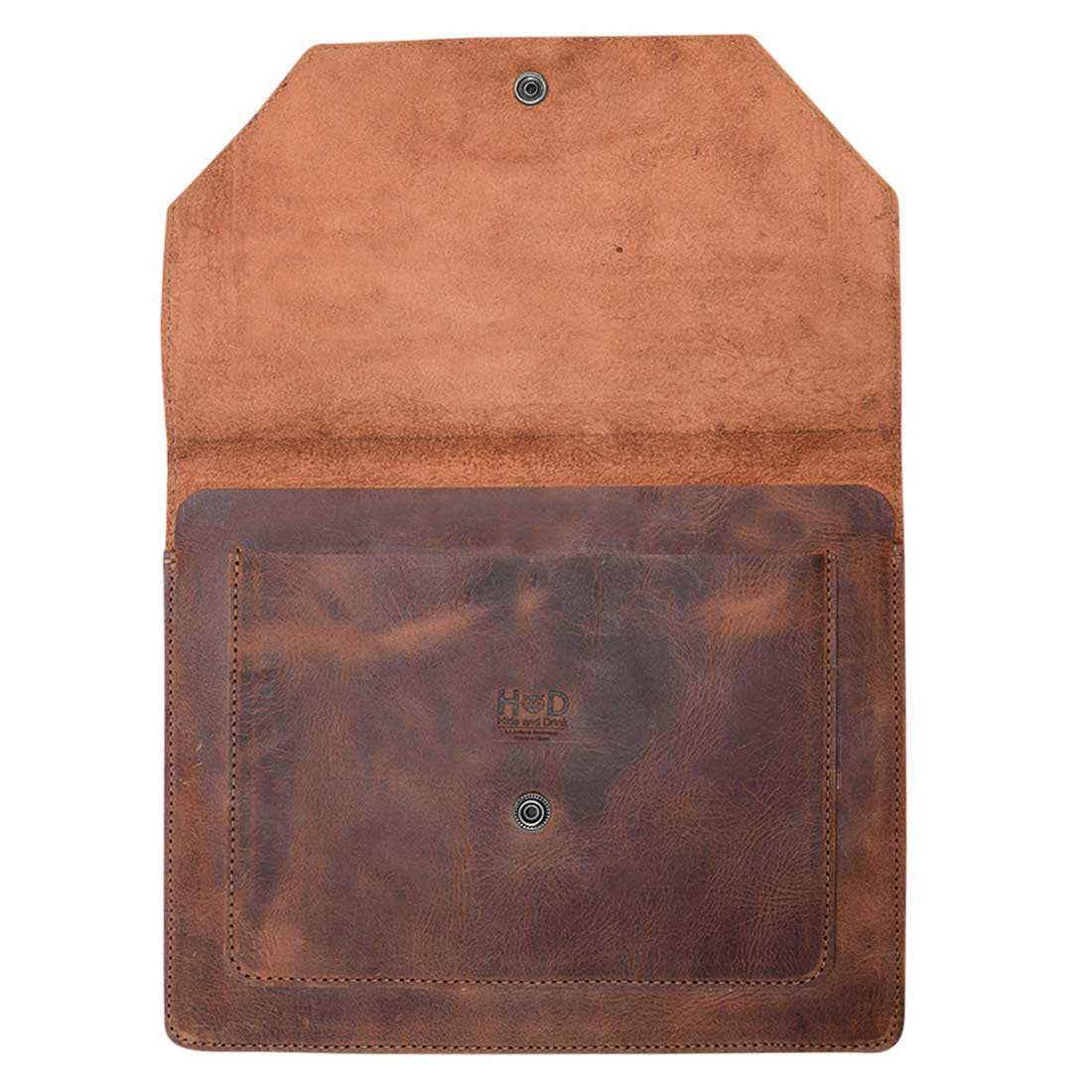 Interior view of Hide & Drink's Slim Portfolio, showing its handmade construction as a Narrow Document Holder. This Flat Messenger Case in Full Grain Leather is ideal for office accessories, reflecting artisan craftsmanship from La Antigua Guatemala & Oaxaca Mexico.