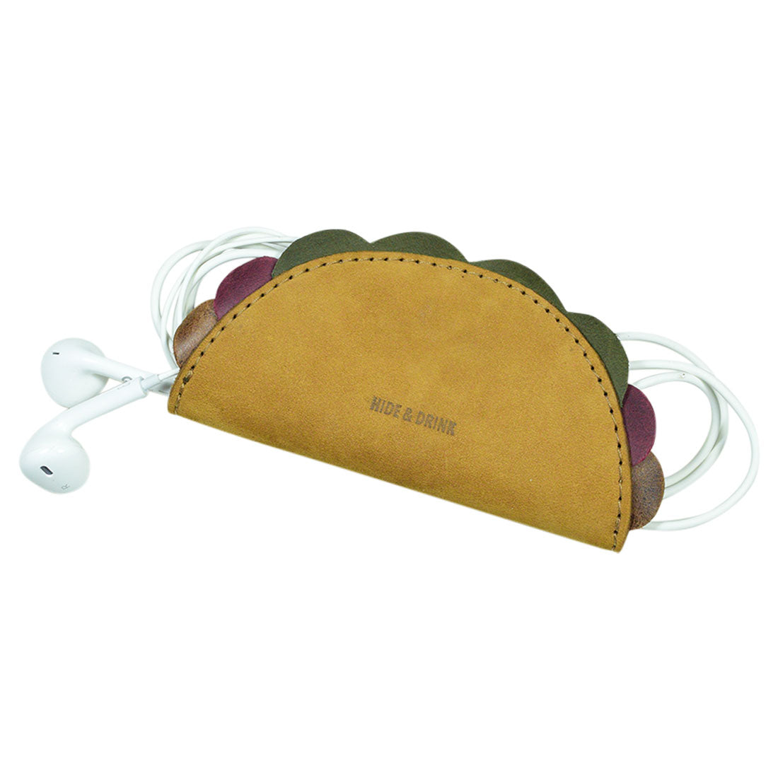 Taco Cord Keeper by Hide & Drink, showcasing a cute leather organizer that holds earphones and cables. This charming Taco Cord Keeper is a perfect gift for those who cherish organization, featuring Full Grain Leather and handmade in La Antigua Guatemala & Oaxaca Mexico.