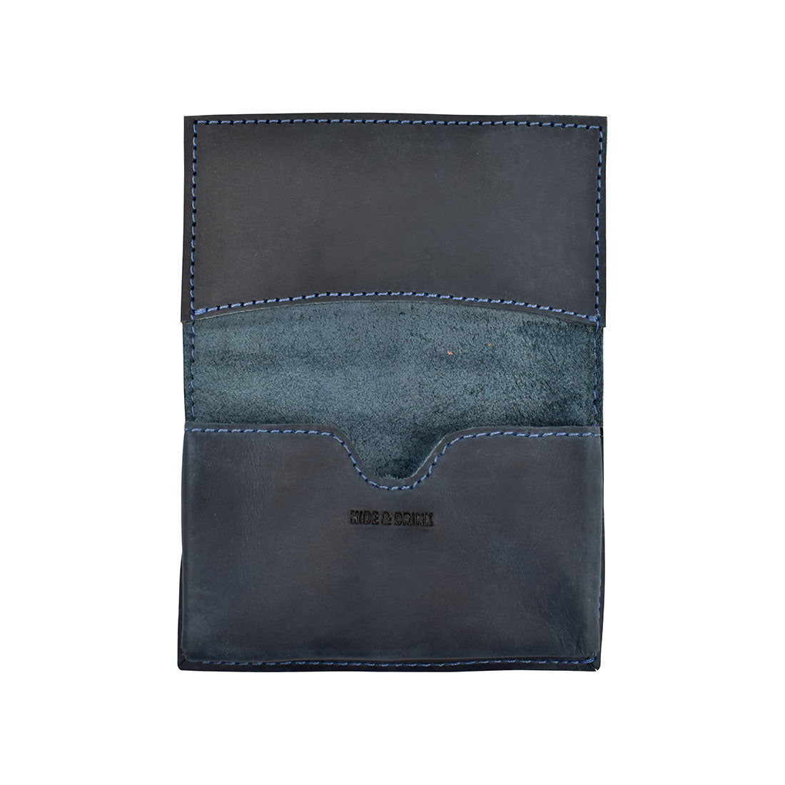 Back view of Hide & Drink's Vintage Card Holder in blue leather, highlighting its quality finish. Perfect as a vintage business card holder, this cash organizer wallet reflects artisanal skill from small batch production in La Antigua Guatemala & Oaxaca Mexico.