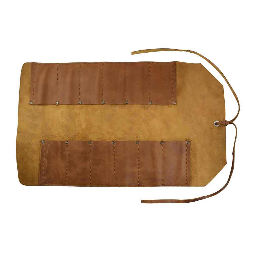 Hide & Drink Tool Roll (12 Pockets): Open display of the convenient tool roll, featuring numerous pockets for organized storage on-the-go for all your tools. Tool Bag Roll Up, 12 Slot Heavy Duty Tool Roll Bag Organizer, Tool Roll Up Bag, Portable Tool Wrap Roll Bags for Travel, Durable Tool Kit Folding Tool Pouch Roll Up Mechanic Gifts for Men, Full Grain Leather, StockyardX, Small Batch Production, Hand Cut, Hand Sewn, Fire Branded, Artisan, Handmade in La Antigua Guatemala & Oaxaca Mexico.