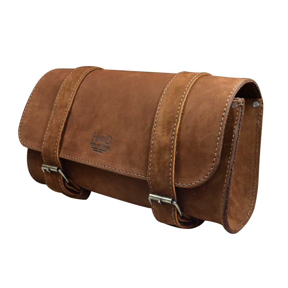 Hide & Drink Leather Motorcycle Tool Bag in rustic brown leather, serves as the ultimate Biker Bag for Tools and Essentials. This durable Handlebar Bag with Adjustable Straps is the ideal Tool Organizer, expertly Hand Cut, Hand Sewn from Full Grain Leather, reflecting artisan traditions in La Antigua Guatemala & Oaxaca Mexico.