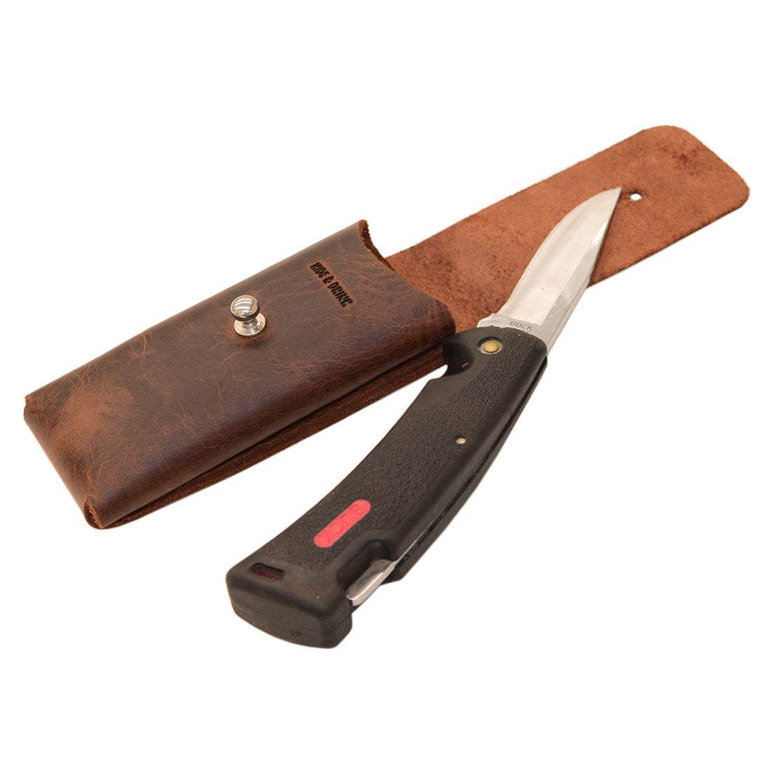 Hide & Drink Knife Case showcasing a full grain leather riveted Swiss knife case. This handmade leather holster acts as a protector for knives, perfect for hiking and camping essentials. Artisan crafted in La Antigua Guatemala, this product emphasizes small batch production, showcasing hand cut and hand sewn techniques.