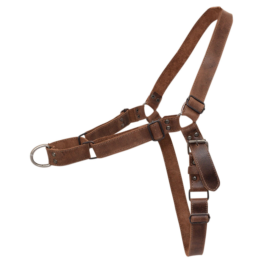 No Pull Dog Harness by Hide & Drink featuring adjustable straps for a secure fit, made from full grain leather, perfect for pet training supplies, and designed for comfort. This No Pull Walking Dog Harness embodies small batch production and artisan craftsmanship, handcrafted in La Antigua Guatemala & Oaxaca Mexico.
