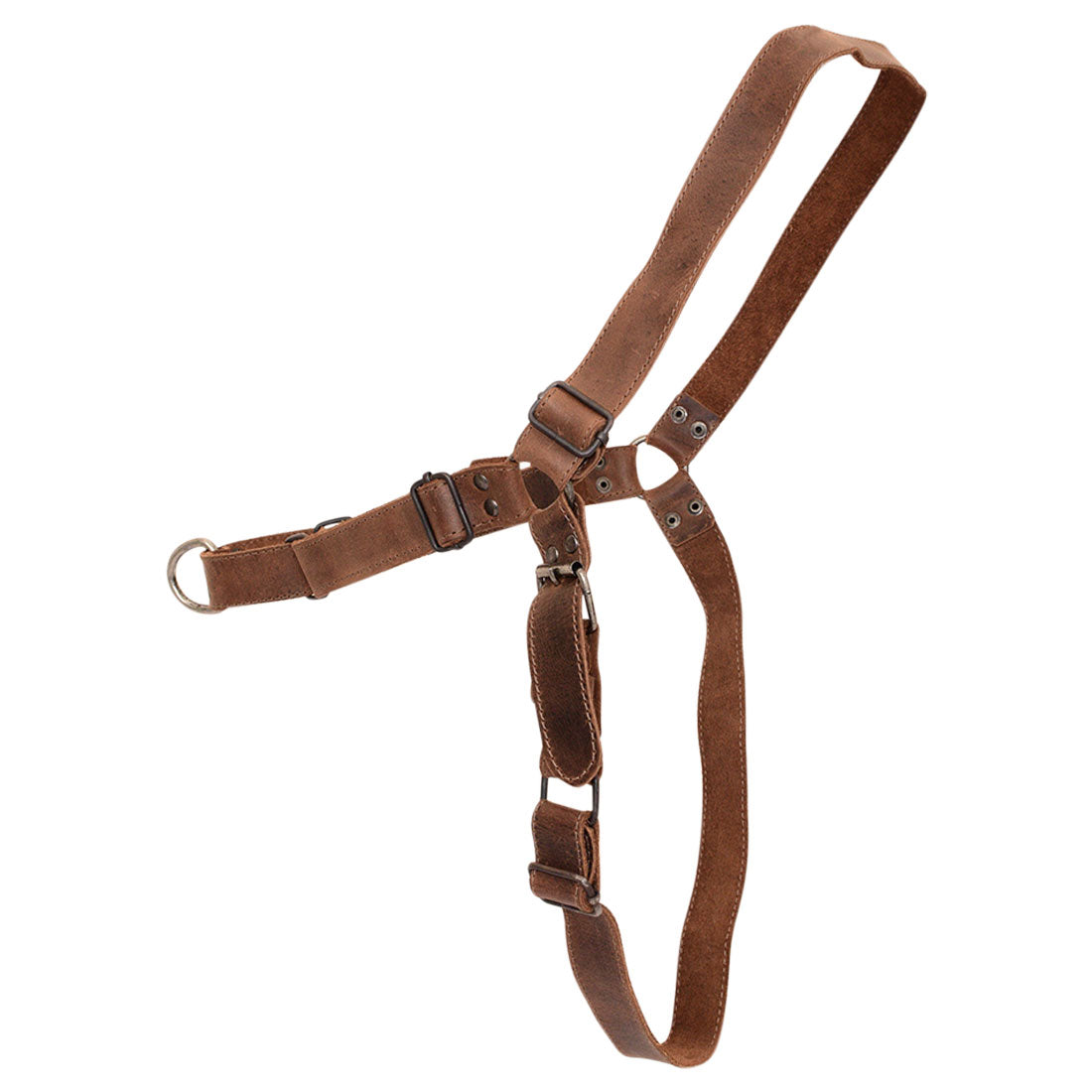Detailed view of Hide & Drink's No Pull Dog Harness, emphasizing its premium full grain leather and adjustable straps for the perfect fit. The No Pull Walking Dog Harness is a must-have in pet training supplies, made through artisan methods in La Antigua Guatemala & Oaxaca Mexico.