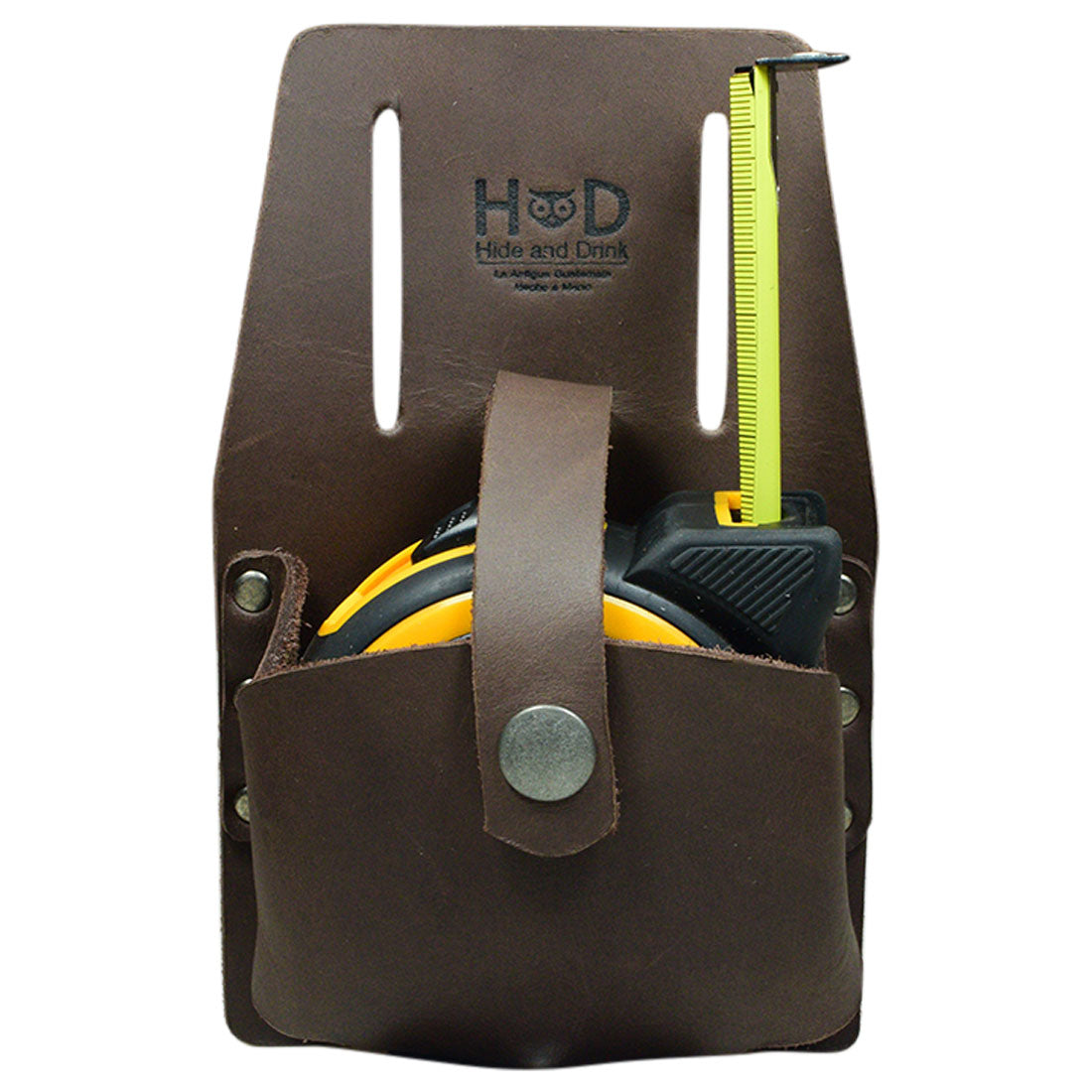 Hide & Drink's Large Tape Holder made from thick full grain leather, featuring a stylish design for holding tape measures and tools. Ideal for organizing accessories, this handmade pouch exemplifies small batch production and artisan craftsmanship from La Antigua Guatemala & Oaxaca Mexico.