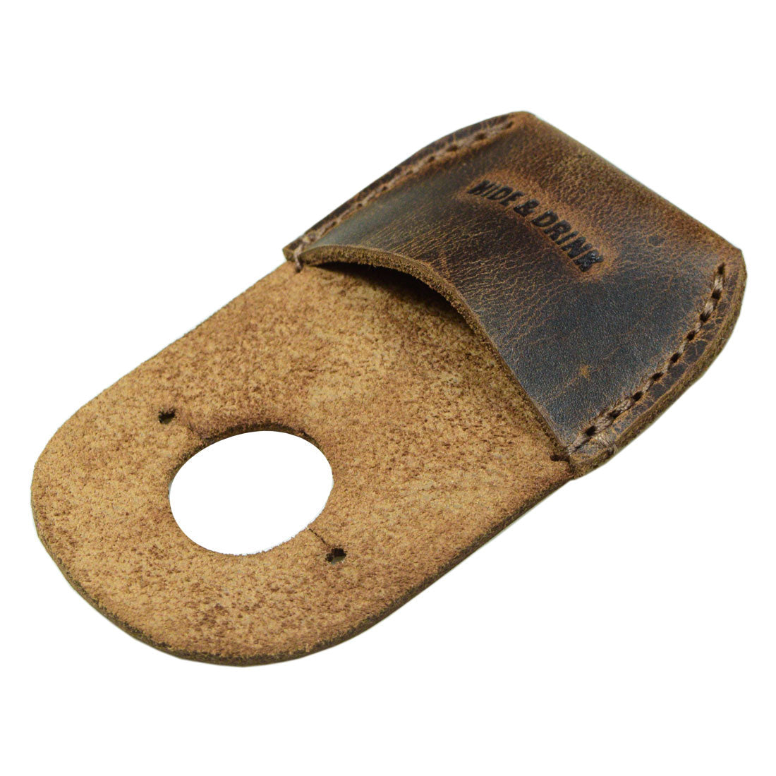 An angled view of the Hide & Drink Thumb Guard, highlighting the unique leather grain and design. This Finger Protector is perfect for carpenters and artisans who value quality craftsmanship. Made from Full Grain Leather, this product reflects the dedication of handmade artisans in La Antigua Guatemala.