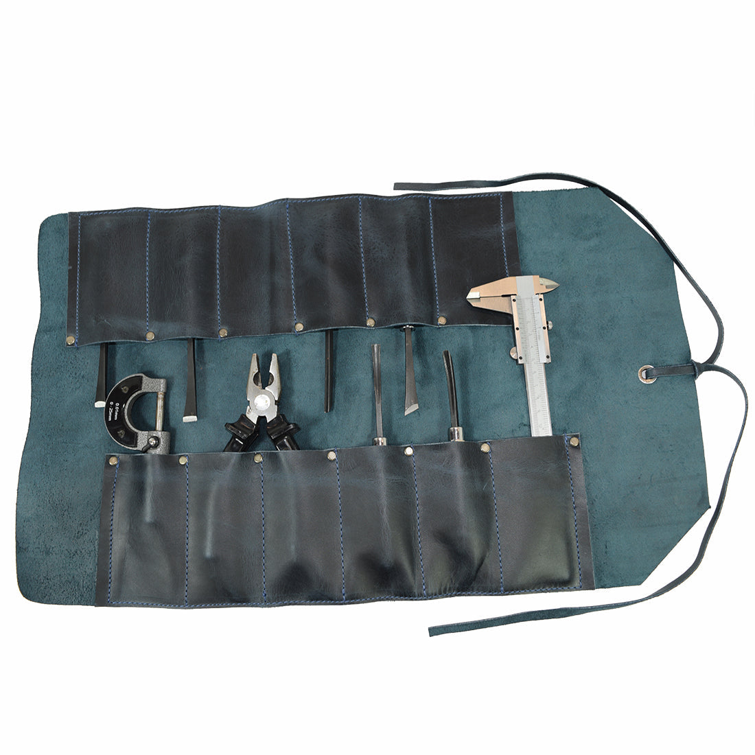 Hide & Drink Tool Roll (12 Pockets): Close-up view of a leather tool pouch, emphasizing the high-quality leather and unique stitching details. Tool Bag Roll Up, 12 Slot Heavy Duty Tool Roll Bag Organizer, Tool Roll Up Bag, Portable Tool Wrap Roll Bags for Travel, Durable Tool Kit Folding Tool Pouch Roll Up Mechanic Gifts for Men, Full Grain Leather, StockyardX, Small Batch Production, Hand Cut, Hand Sewn, Fire Branded, Artisan, Handmade in La Antigua Guatemala & Oaxaca Mexico.