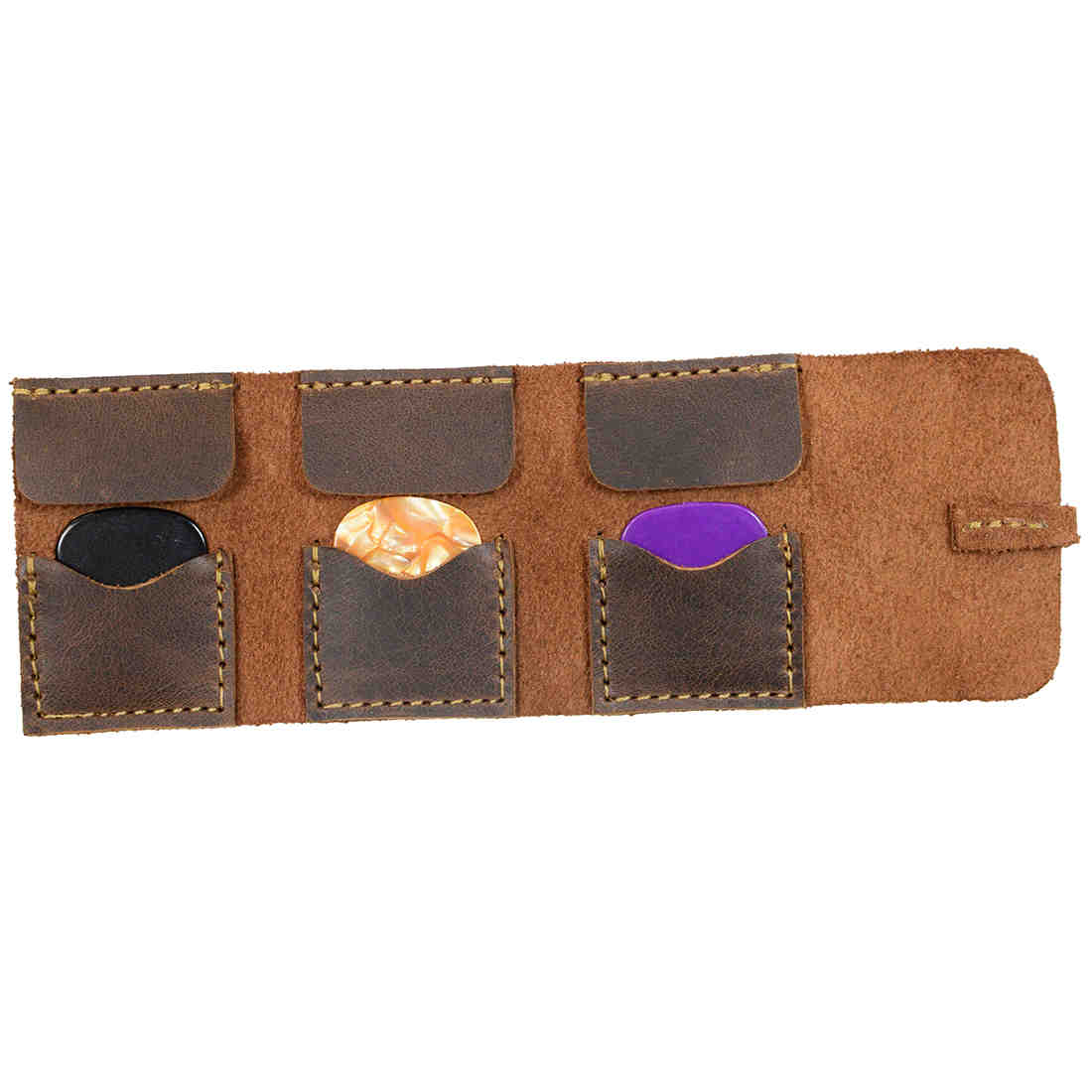 Hide & Drink Guitar Pick Roll displayed with guitar picks inside, showcasing the premium Full Grain Leather craftsmanship. This Plectrum Case makes a perfect Guitarist Gift or Musician Accessory. Hand Cut, Hand Sewn, and Fire Branded, it's an Artisan item Handmade in La Antigua Guatemala & Oaxaca Mexico.