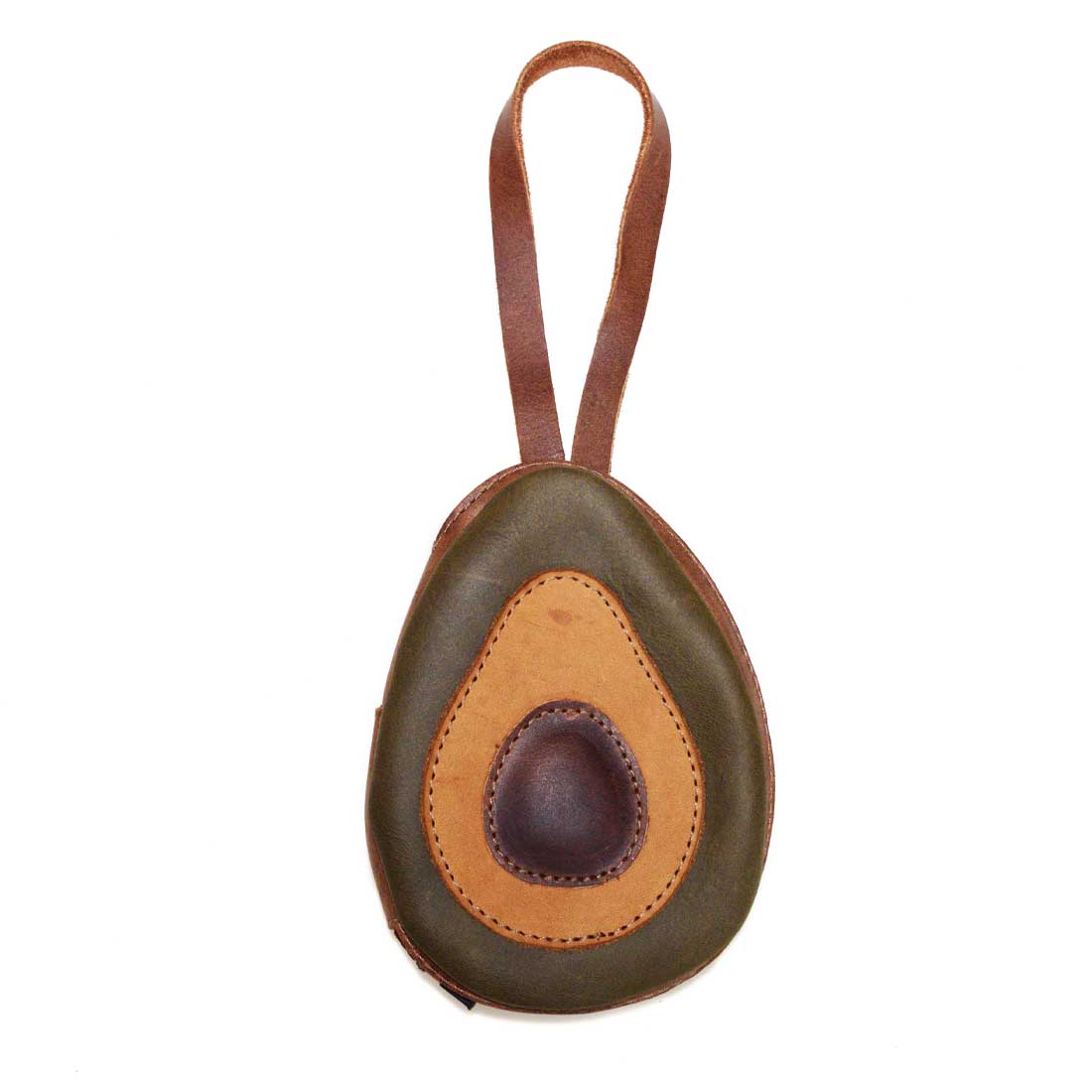 Hide & Drink Avocado Purse, showcasing an attractive front view of this cute case bag that doubles as a card and money organizer. Made from durable full grain leather, this artisan-crafted coin pouch is perfect for thoughtful gifts. Features small batch production with hand cut and hand sewn details, fire branded for authenticity, handmade in La Antigua Guatemala & Oaxaca Mexico.