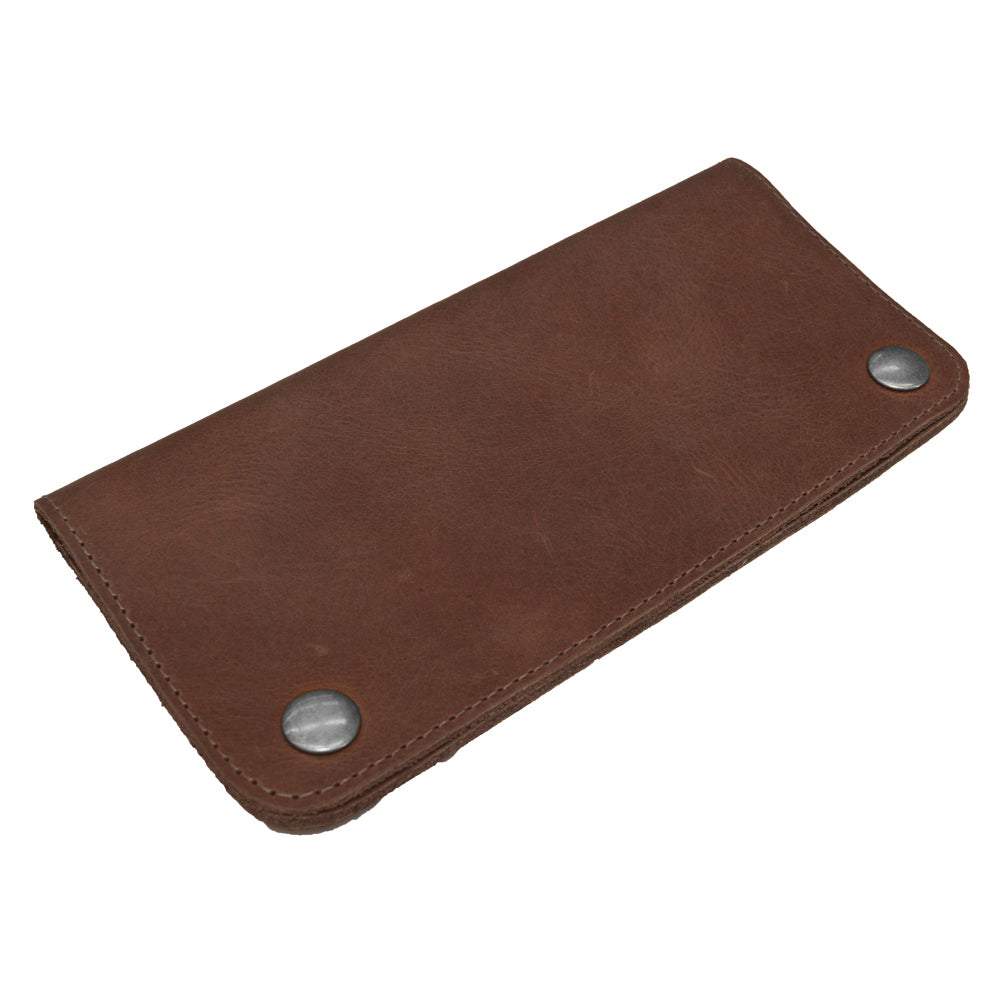 Showcasing the Brown Double Snap Folio Wallet by Hide & Drink, a handcrafted full grain leather accessory designed for style and practicality. This rectangular flat bill holder with card slot serves as a night bag and travel accessory, perfect for anyone seeking quality. Artisan made in La Antigua Guatemala & Oaxaca Mexico, it features small batch production with meticulous attention to detail.