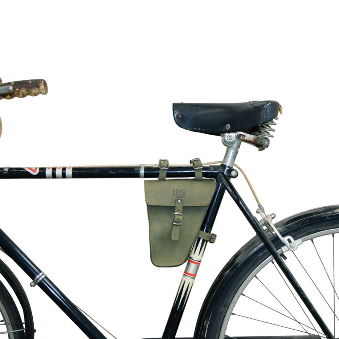 A bicycle featuring Hide & Drink's olive green Triangular Frame Bag For Bicycle. This durable Full Grain Leather bag is perfect for all your bike repair tools, showcasing artisan craftsmanship made in La Antigua Guatemala & Oaxaca Mexico.