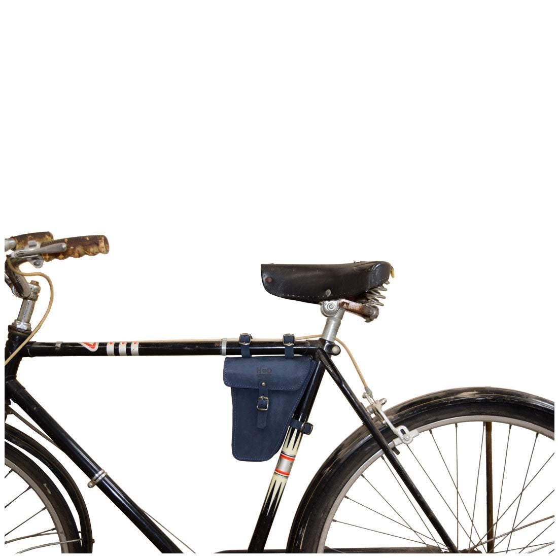 A bicycle featuring Hide & Drink’s Triangular Frame Bag, styled in blue. This Full Grain Leather bag serves as a convenient bike tool pouch for essential repair tools, reflecting artisan standards of handmade production from La Antigua Guatemala & Oaxaca Mexico.