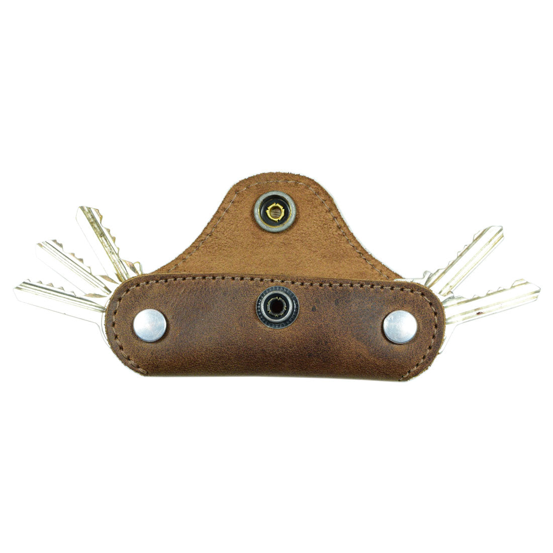 View of Hide & Drink's Double Swiss Knife Key Holder presented in brown Full Grain Leather, designed as a Multiple Key Organizer. This artisan-made item is hand cut and hand sewn, embodying small batch production principles and perfect for key organization.