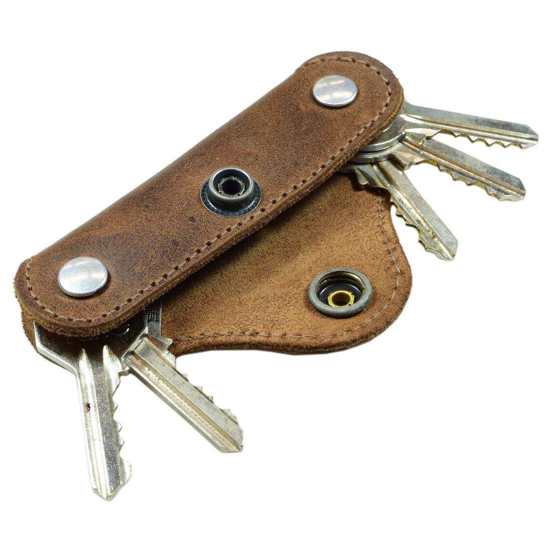 Hide & Drink's Double Swiss Knife Key Holder showcasing a rustic brown Full Grain Leather design, serving as a Multiple Key Organizer. This handmade product features artisan craftsmanship and is perfect for decluttering your keys. Ideal for those who appreciate small batch production and genuine leather goods.