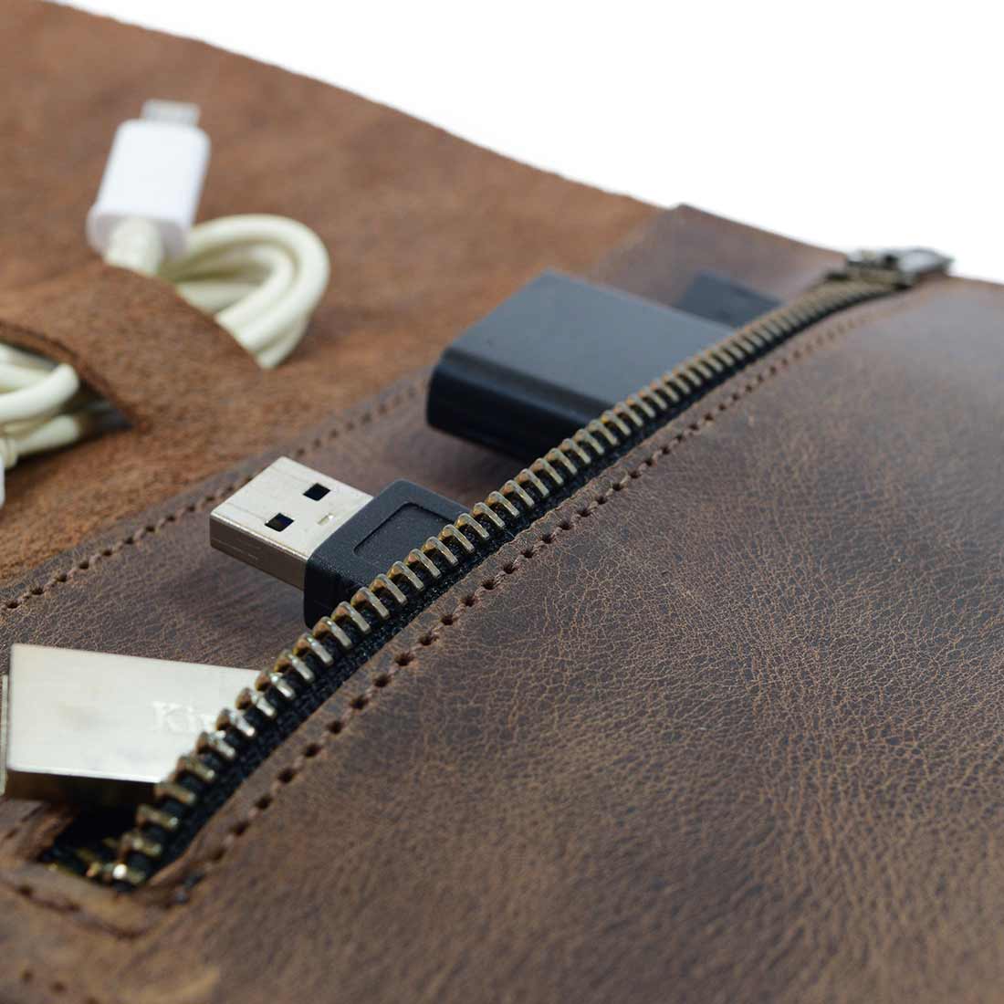 Detailed view of the zipper in Hide & Drink Cord Pouch, showing off the craftsmanship and practicality for travel as a cord organizer. Made from high-quality full grain leather in small batch production by artisans in La Antigua Guatemala & Oaxaca Mexico.