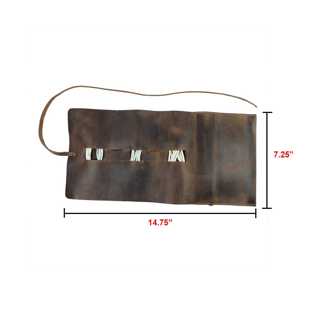 Dimensions illustration of Hide & Drink Cord Pouch, displaying its size for use as a cord organizer or cable holder. Artisan crafted from full grain leather in small batch production in La Antigua Guatemala & Oaxaca Mexico.