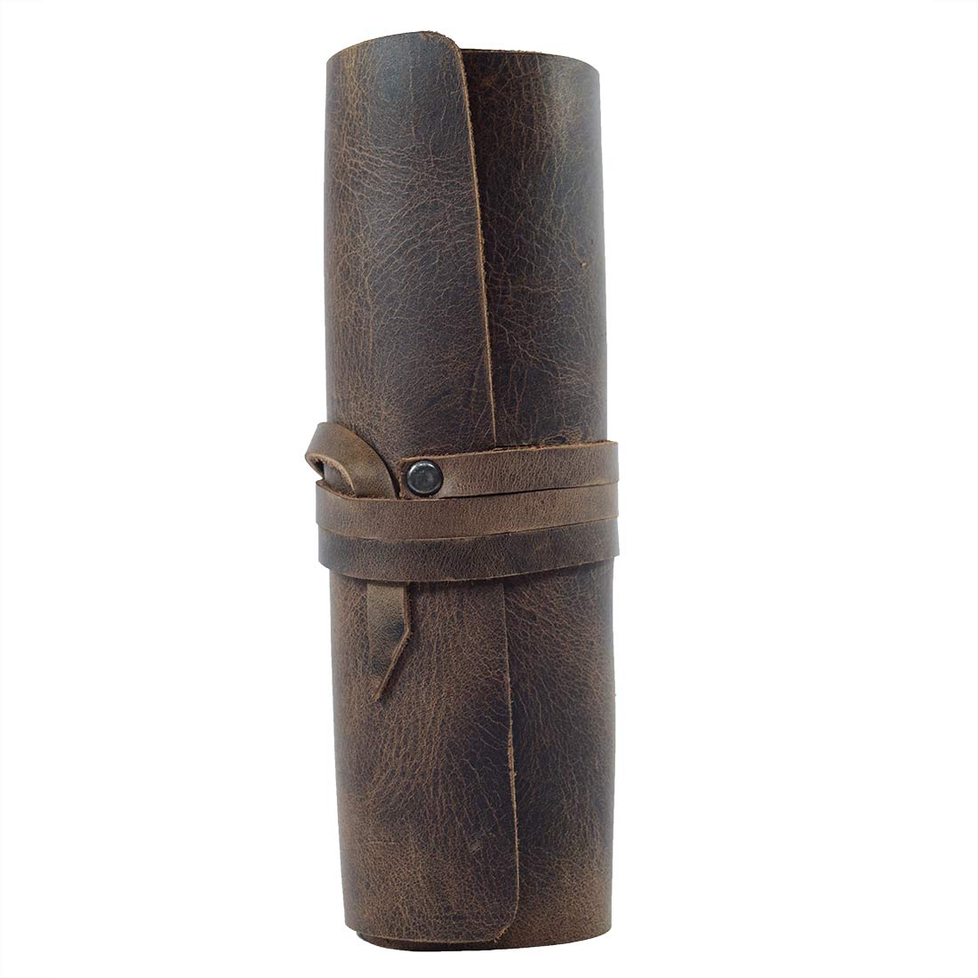 Hide & Drink Cord Pouch rolled up for easy storage, showcasing its stylish and functional design as a cord wrap. This handmade travel bag is crafted from full grain leather by artisans in La Antigua Guatemala & Oaxaca Mexico.