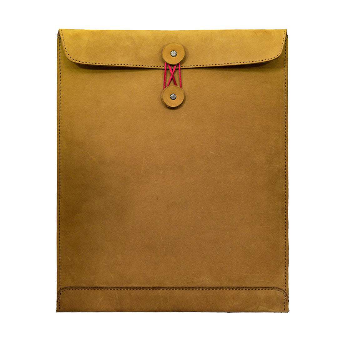 Bright yellow Mailing Envelope Folder from Hide & Drink, ideal for stylish document storage. This Mailing Envelope Document Holder doubles as an Attache, crafted from Full Grain Leather and designed for durability. Each piece reflects the artisan's dedication in small batch production from La Antigua Guatemala.
