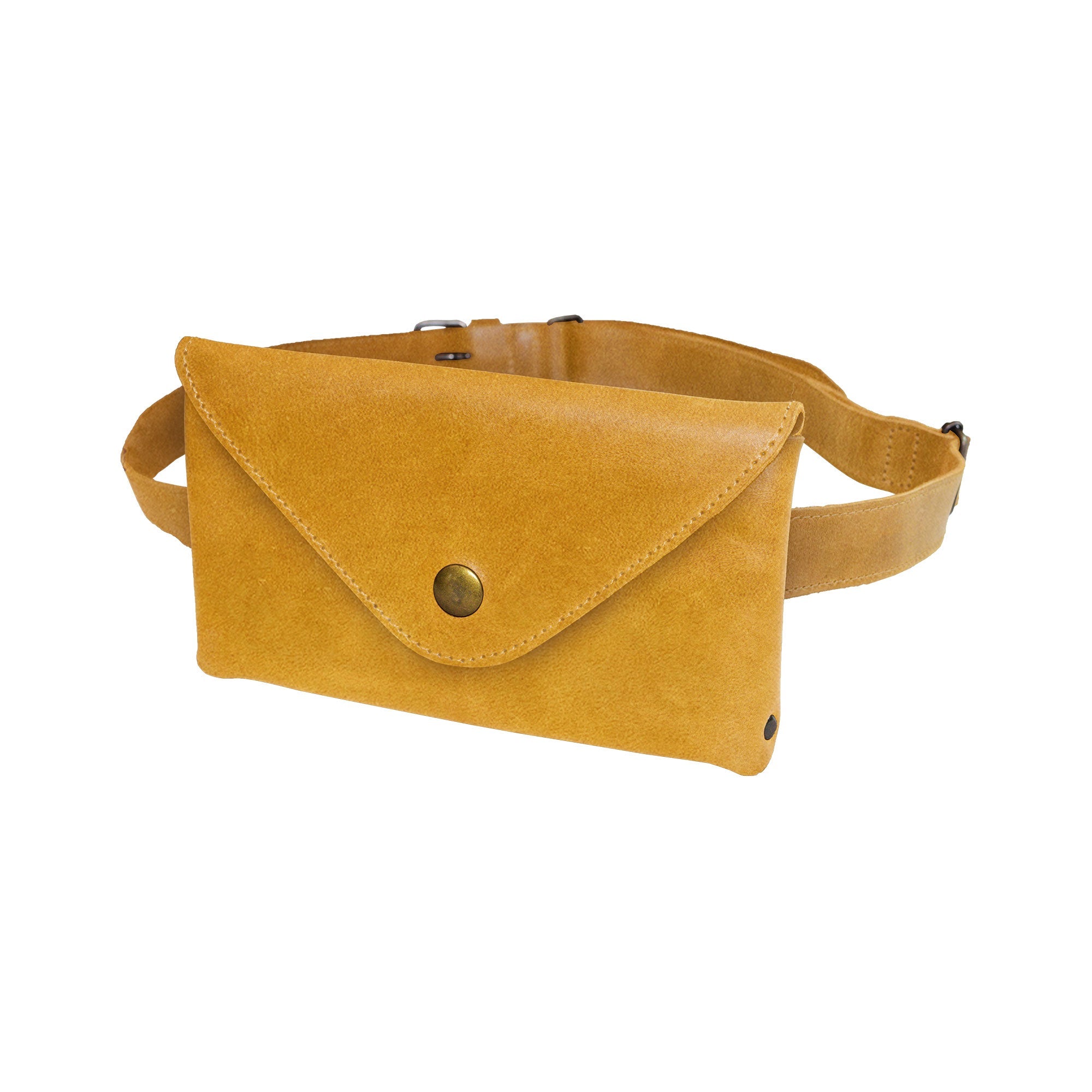 Weatherproof Waist Pack by Weatherproof Leather, showcasing a stylish yellow waist pouch made from full grain leather. This fanny pack is perfect for easy travel and features a unique artisan design with hand-cut, hand-sewn details, ideal for digital nomads. Handmade in La Antigua Guatemala & Oaxaca Mexico, it combines function with fashion.