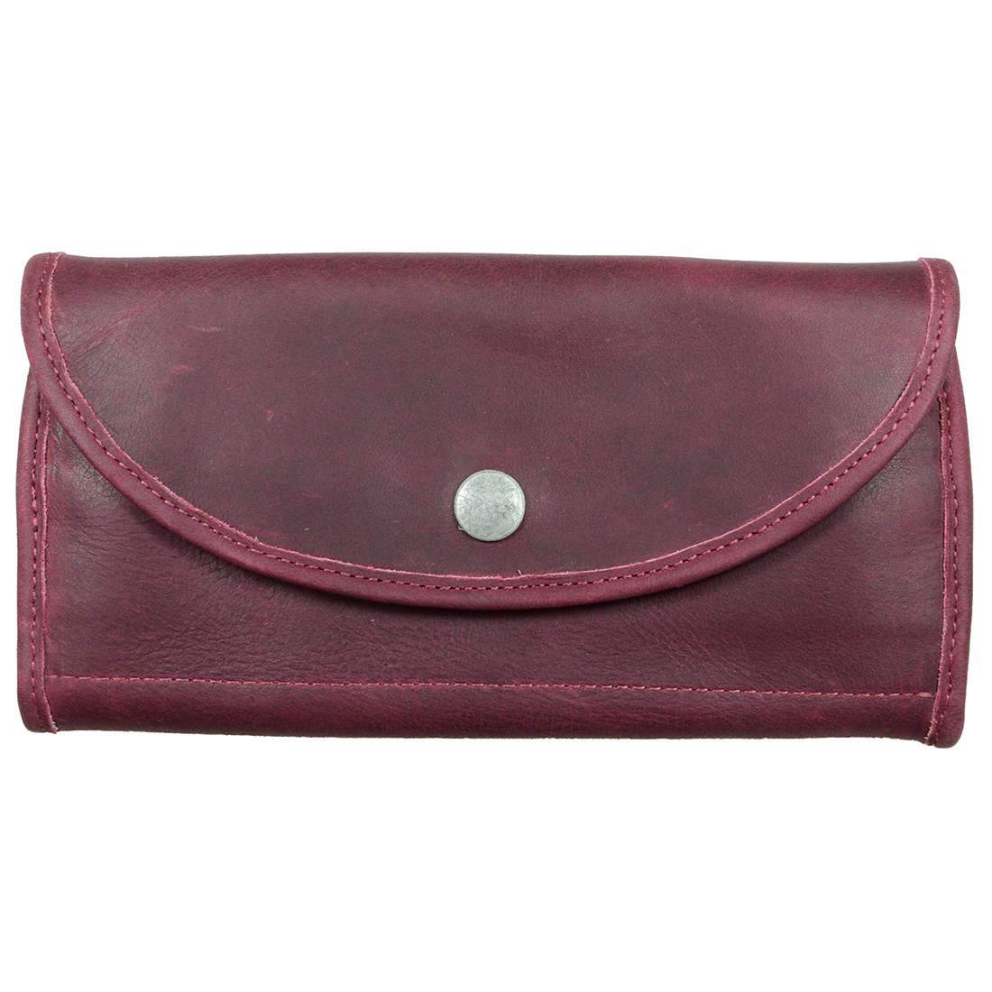 Front view of the burgundy variant of the Single Snap Zippered Wallet by Hide & Drink, showcasing its vibrant color. This Snap Clutch Wallet for Women is an aesthetic money holder and card organizer with a zippered pouch, crafted from full grain leather and handmade in La Antigua Guatemala.