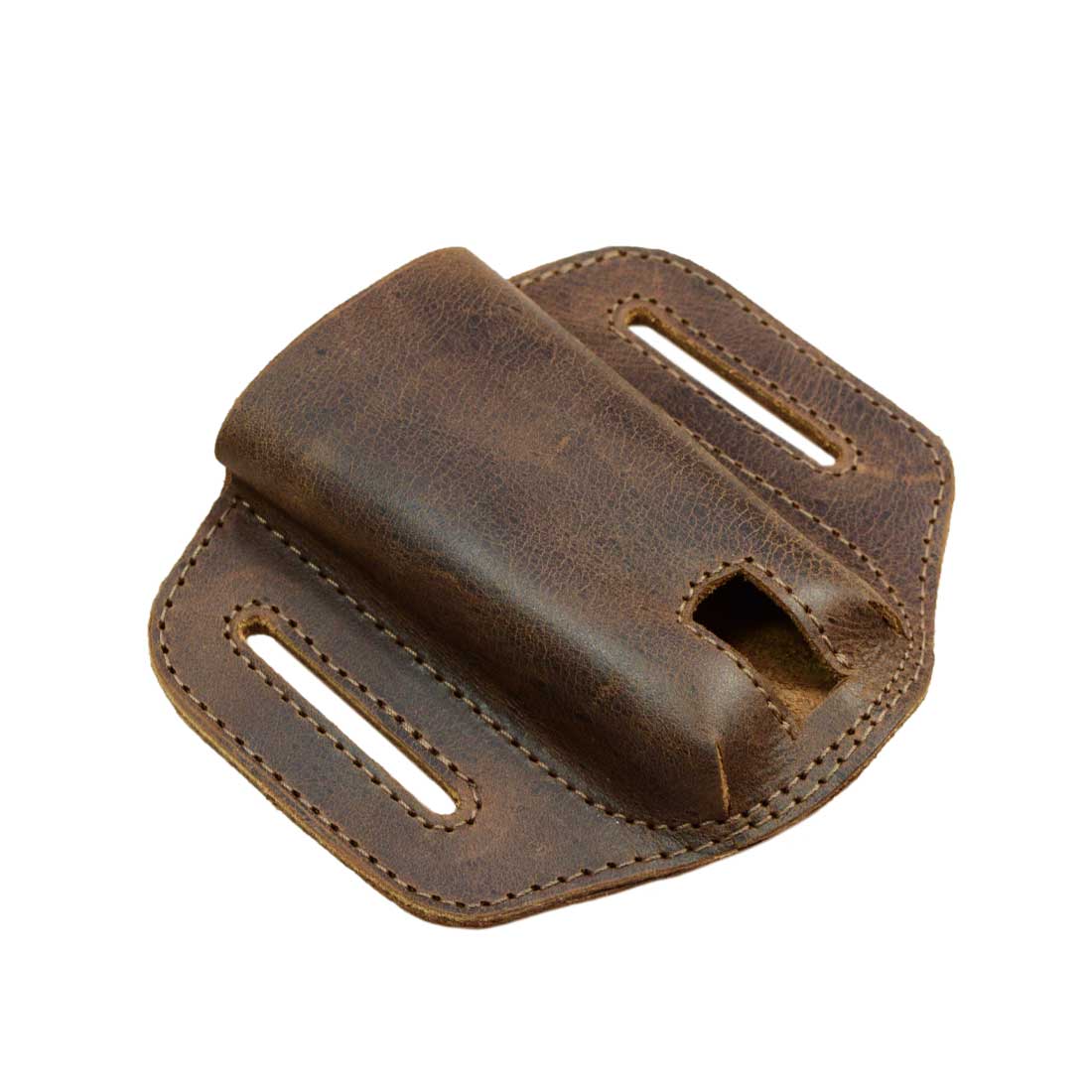 Side view of the Multitool Belt Sheath by Hide & Drink, featuring a sleek full grain leather exterior. This tool holster for waist is perfect for carrying pocket knife sets, highlighting its small batch production and artisan craftsmanship.