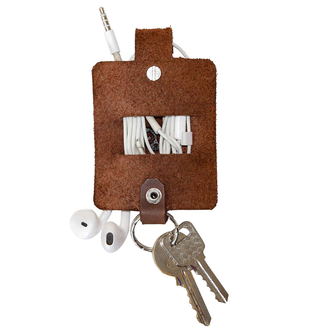Hide & Drink Cable Holder with Key Ring showcasing a unique pocket for neatly storing earphones, made from durable Thick Full Grain Leather. A practical cord organizer and keychain, it highlights artisan craftsmanship and is an essential travel accessory. Support local artisans with this handmade piece from La Antigua Guatemala & Oaxaca Mexico.