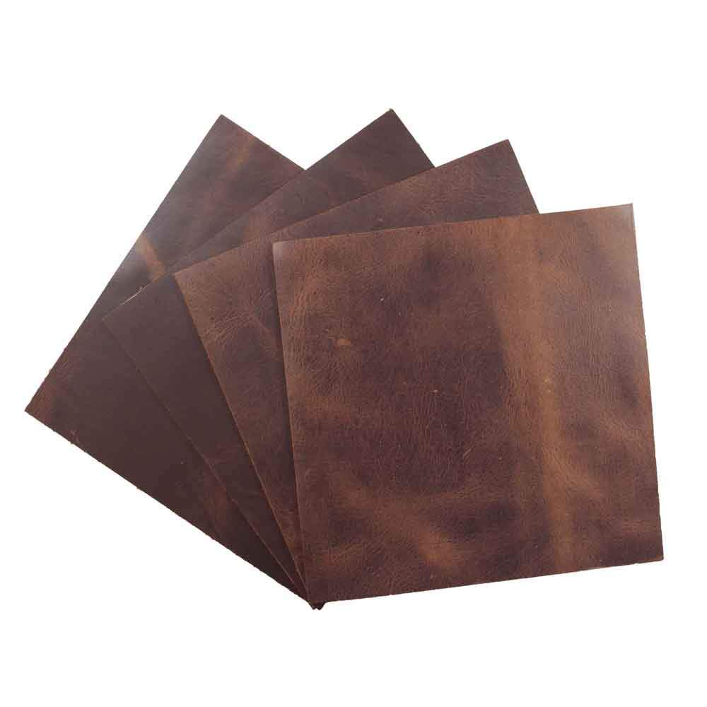 Hide & Drink Leather Squared Scraps 6 x 6 in. (4 Pack) consisting of rich Bourbon Brown full grain leather rectangles, ideal for various crafting needs. This 4 piece set features 1.8mm thick stockyard leather that is hand cut by artisans in La Antigua Guatemala and Oaxaca Mexico, perfect for your hobby workshop.