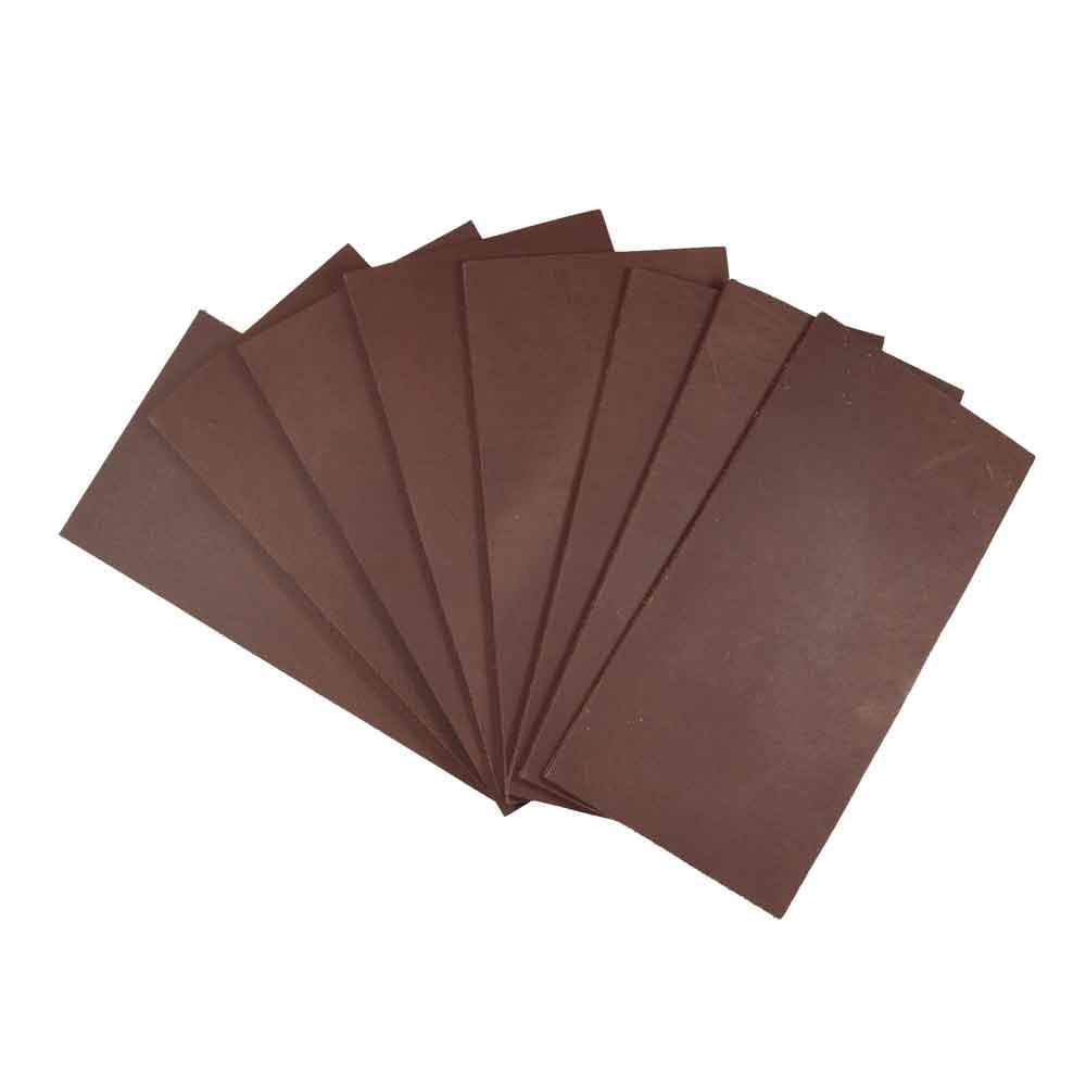 Thick Leather Rectangular Scraps 3 x 6 in. (8 Pack) by Hide & Drink, showcasing a set of eight thick full-grain leather rectangles (3 x 6 in.) perfect for crafts, tooling, and hobby workshop projects. These heavy weight (3-3.5mm) pieces are hand cut, hand sewn, and fire branded, featuring artisan craftsmanship from La Antigua Guatemala & Oaxaca Mexico.