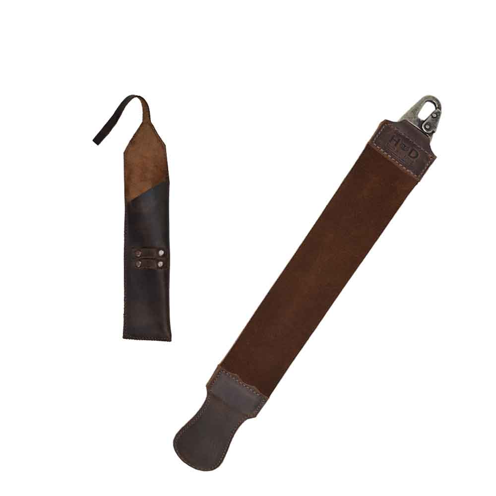 Hide & Drink Combo Barber (2-Pack) featuring a leather razor strop and a straight razor case made from full grain leather. Ideal for shaving, stropping, grooming, and beard care. This barber starter pack (set of 2) showcases small batch production with hand cut, hand sewn craftsmanship, fire branded and artisan quality, handmade in La Antigua Guatemala & Oaxaca Mexico.