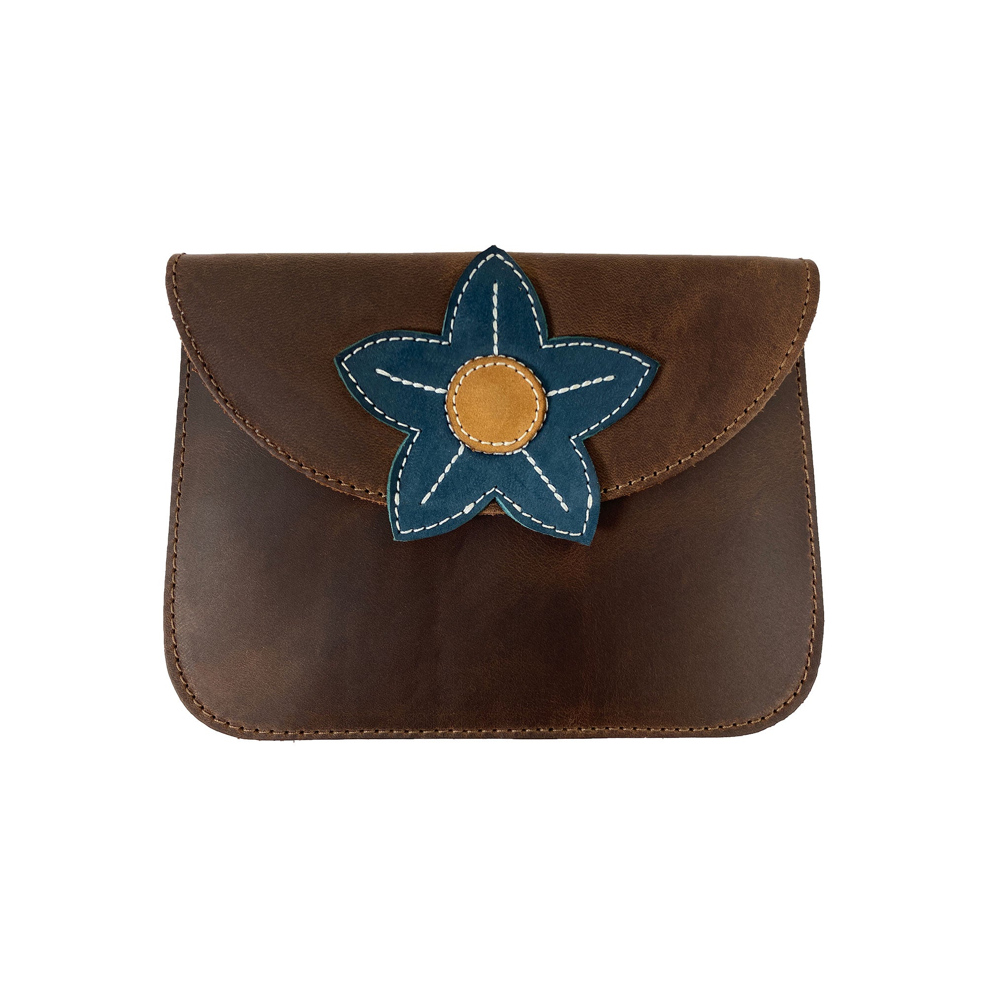 Heather's Flower Card Wallet featuring a decorative flower design, made of Full Grain Leather. This artisan wallet is handcrafted in La Antigua Guatemala, showcasing small batch production and fire branded details.