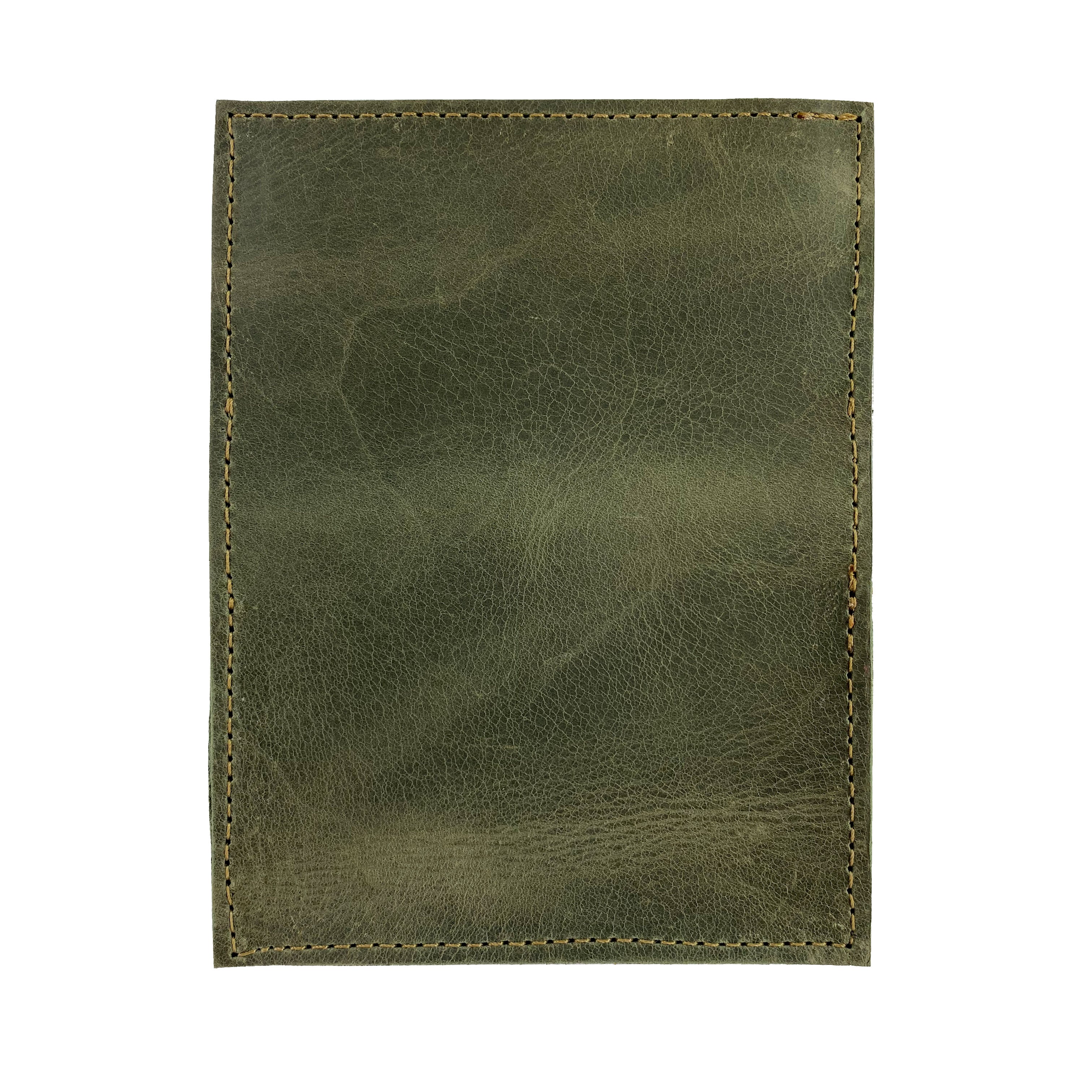 Inside view of Hide & Drink's Vintage Card Holder in olive green leather, displaying cards and cash for convenience. This handmade wallet represents full grain leather craftsmanship from small batch production in La Antigua Guatemala & Oaxaca Mexico.