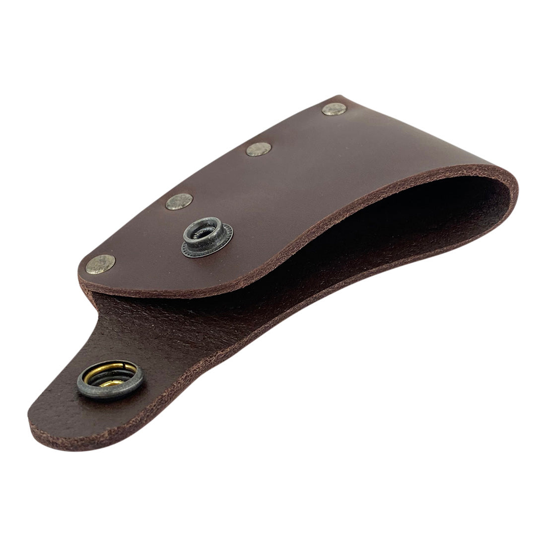 Side view of a Hatchet Blade Cover by Valhalla Gear, showcasing its handmade quality with sturdy construction meant for outdoor enthusiasts - Protector Case Cover, Small Axe Blade Safety Sleeve, Camping Accessory, Lumberjack Outdoor Essentials, StockyardX, Small Batch Production, Hand Cut, Hand Sewn, Fire Branded, Artisan, Handmade in La Antigua Guatemala & Oaxaca Mexico.