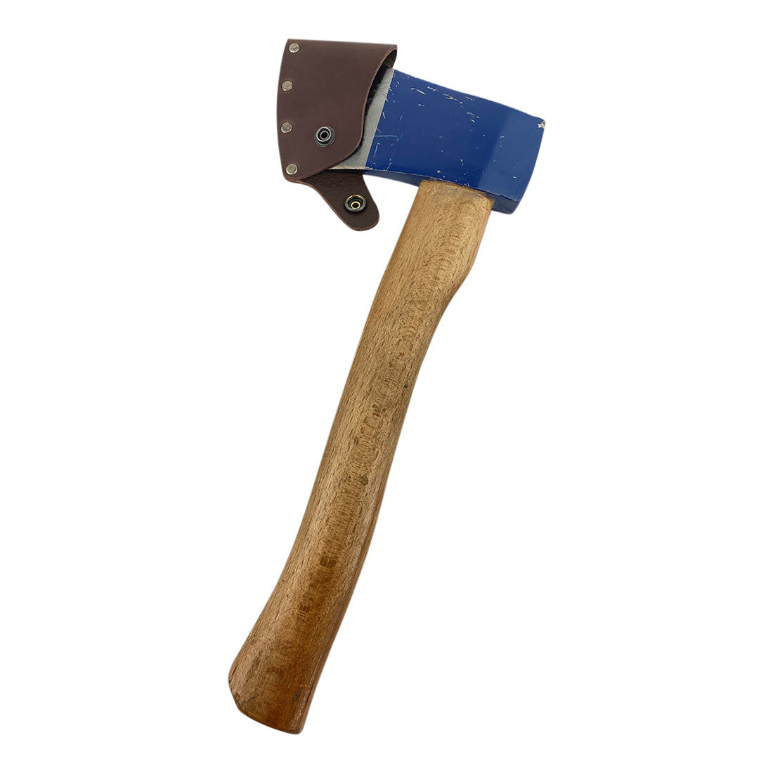 A blue axe fitted with a Hatchet Blade Cover by Valhalla Gear, highlighting its protective features for safe outdoor activities - Protector Case Cover, Small Axe Blade Safety Sleeve, Camping Accessory, Lumberjack Outdoor Essentials, StockyardX, Small Batch Production, Hand Cut, Hand Sewn, Fire Branded, Artisan, Handmade in La Antigua Guatemala & Oaxaca Mexico.
