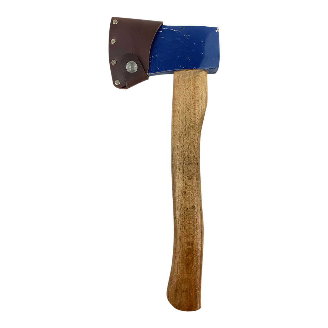 Side profile of a blue axe wearing a Hatchet Blade Cover by Valhalla Gear, ideal for outdoor adventures and camping trips - Protector Case Cover, Small Axe Blade Safety Sleeve, Camping Accessory, Lumberjack Outdoor Essentials, StockyardX, Small Batch Production, Hand Cut, Hand Sewn, Fire Branded, Artisan, Handmade in La Antigua Guatemala & Oaxaca Mexico.