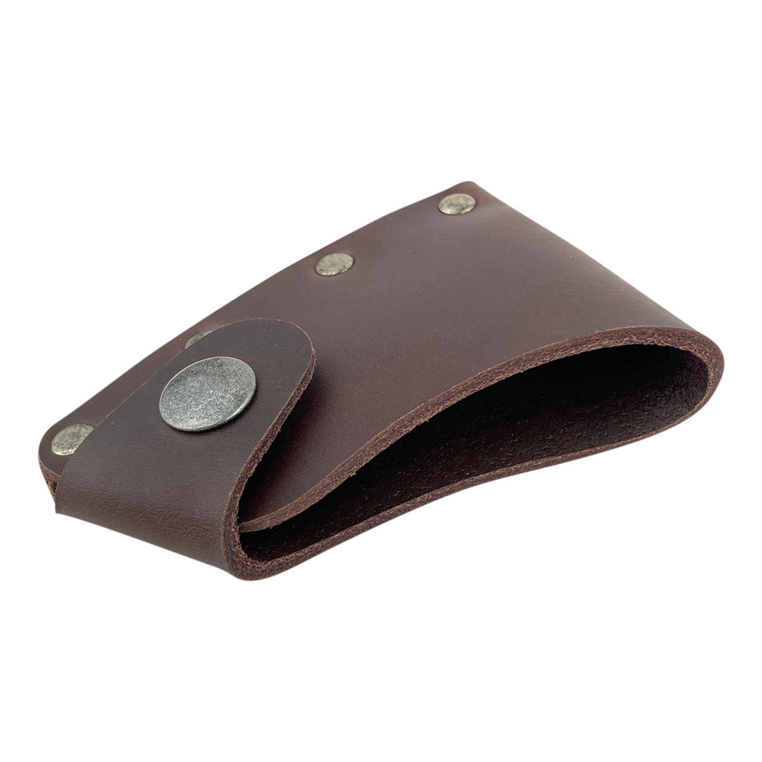 Another view of the Hatchet Blade Cover by Valhalla Gear, emphasizing its full grain leather design perfect for axe protection - Protector Case Cover, Small Axe Blade Safety Sleeve, Camping Accessory, Lumberjack Outdoor Essentials, StockyardX, Small Batch Production, Hand Cut, Hand Sewn, Fire Branded, Artisan, Handmade in La Antigua Guatemala & Oaxaca Mexico.