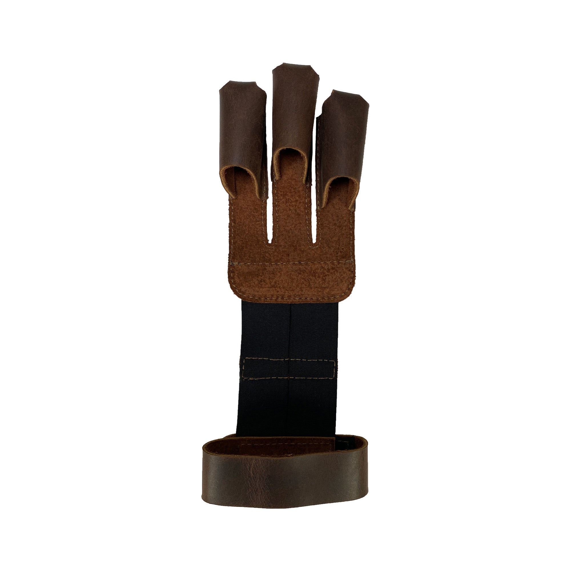 Valhalla Gear Three-Finger Archery Glove made of full grain leather, designed for bow and arrow shooting, perfect as an accessory for archers during target practice. This artisan-made glove provides protection for the wrist and fingers, showcasing small batch production and meticulous hand cut and hand sewn craftsmanship, fire branded for authenticity, and handmade in La Antigua Guatemala & Oaxaca Mexico.