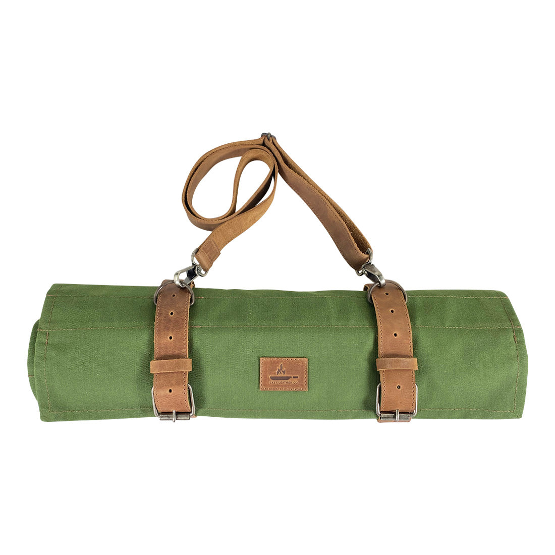 Cast Leather Co. Knife Roll Bag displayed rolled up, showcasing the detachable shoulder strap and durable design. This Knife Roll Bag protects sharp cooking items and is made from water-resistant canvas and full grain leather, artisan crafted in La Antigua Guatemala & Oaxaca Mexico.