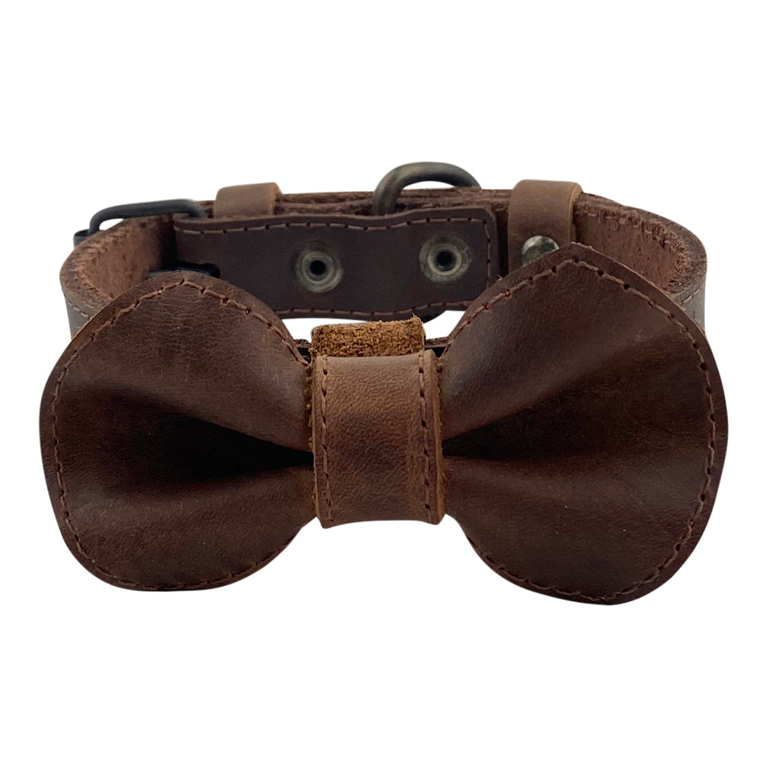 Stylish Leather Bow Tie Collar by Taco Dog, featuring a rustic design perfect for small dogs. This pet accessory is handmade using full grain leather, showcasing artisan craftsmanship from La Antigua Guatemala. Ideal for adding a charming touch to your puppy's wardrobe, this Bow Tie Collar for Small Dog is a unique and durable choice for pet lovers.