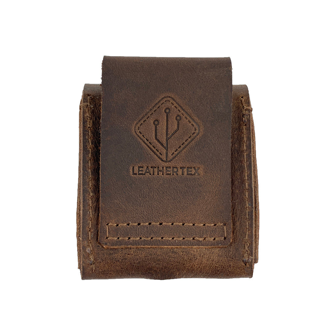 Back view of the LeatherTex AirPods Case showcasing the embossed design, ideal as a rustic AirPods charging cover. This small batch production, full grain leather case is crafted by artisans in La Antigua Guatemala, ensuring a unique and protective Bluetooth accessory.