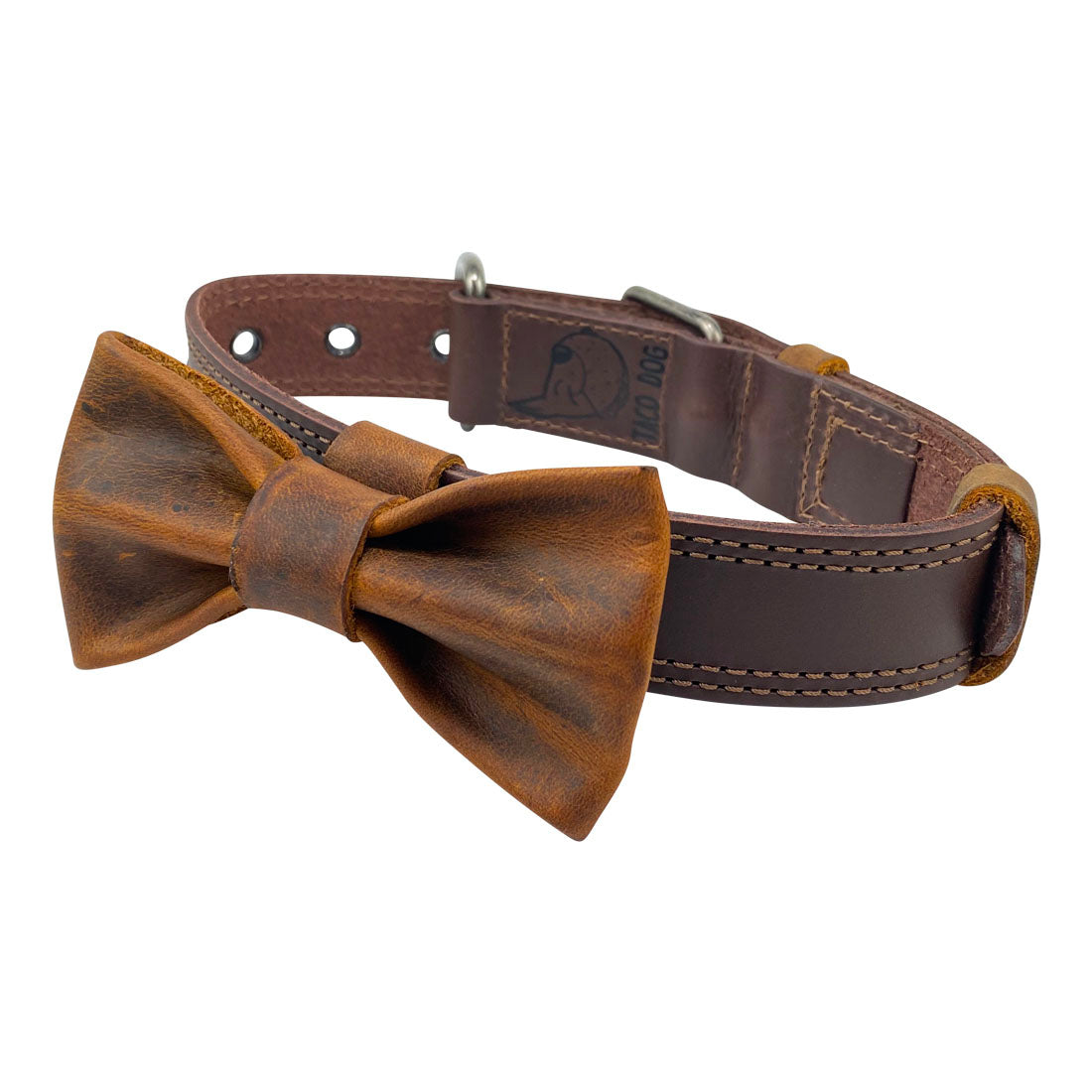 Bow tie attached to a dog collar by Taco Dog, showcasing full grain leather craftsmanship. Elevate your pet's style with this Bow Tie for Dog Collar, which fits most collars (1.25 in. wide). Bow Tie for Dogs - Attaches onto Most Dog Collars (Collar Not Included) - Fancy Cute Stylish Pet Accessory Attachment, Full Grain Leather, StockyardX, Small Batch Production, Hand Cut, Hand Sewn, Fire Branded, Artisan, Handmade in La Antigua Guatemala & Oaxaca Mexico.