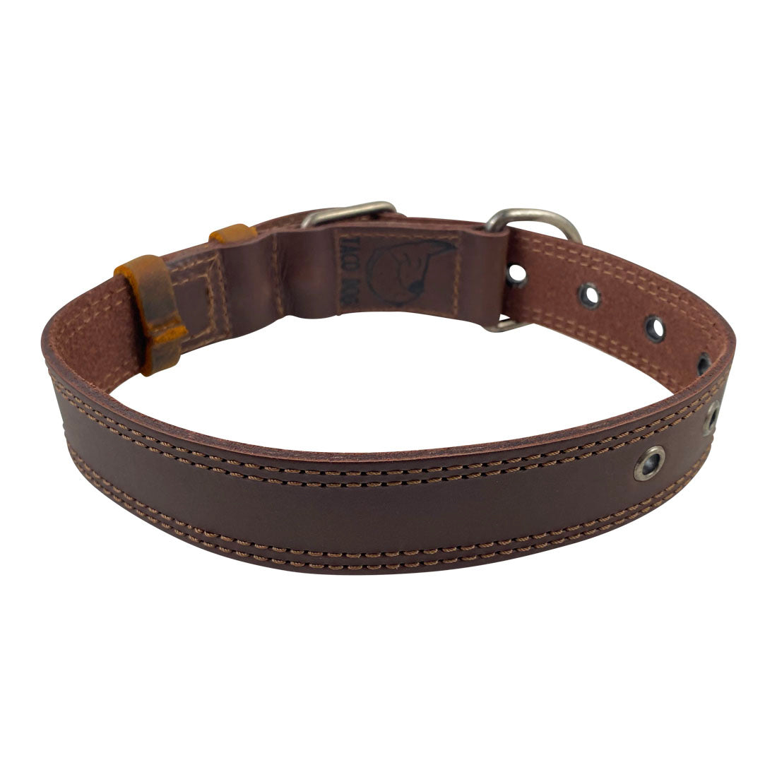 Back view of Taco Dog Rustic Leather Dog Collar made from robust full grain leather, perfect for medium to large dogs. Includes a strong adjustable buckle and metal D ring, hand cut and sewn in La Antigua Guatemala.