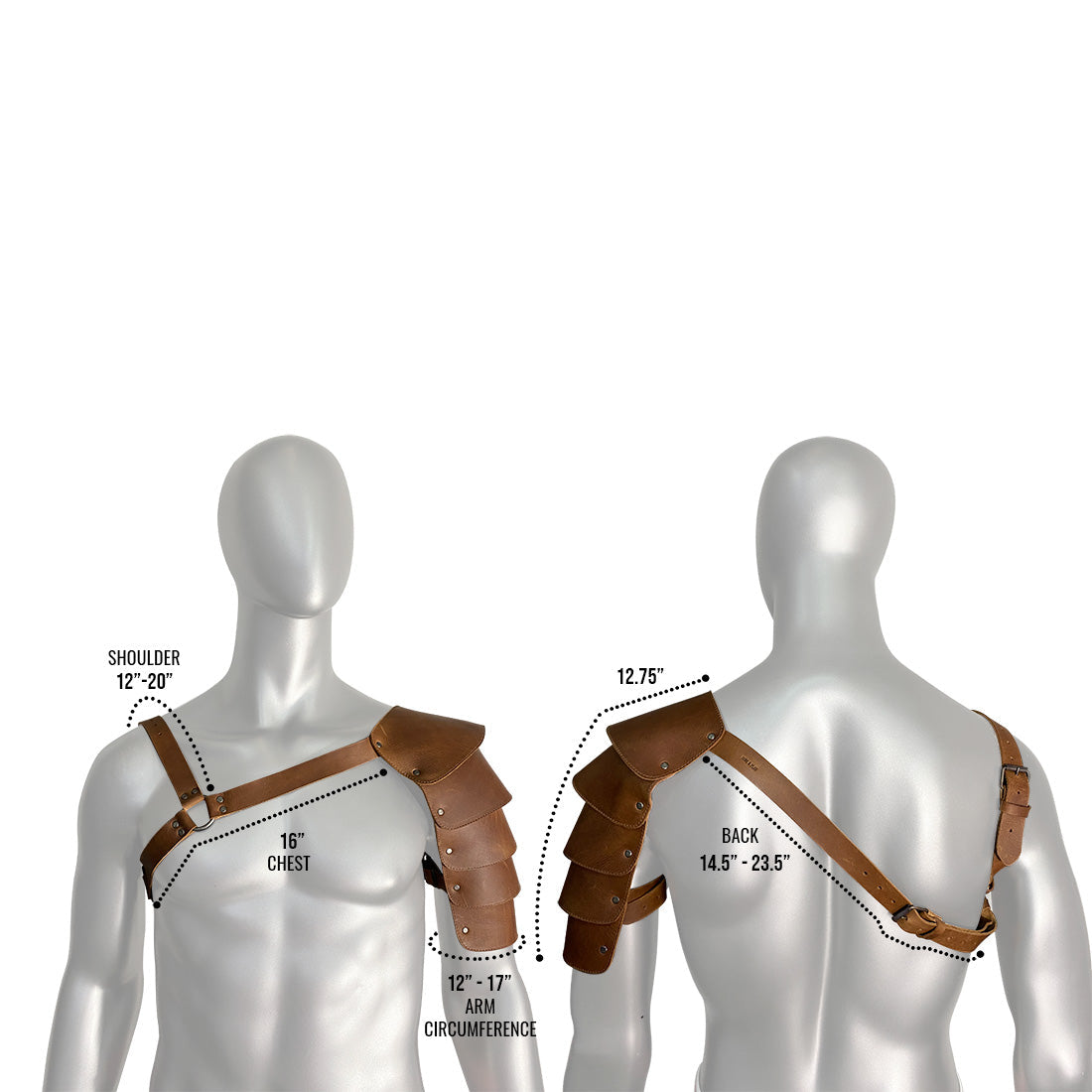 Beautifully designed and functional, the Hide & Play Single Shoulder Cover is seen here, highlighting its reliable adjustable system making it ideal as a costume arm shield. Made with full grain leather, it's perfect for cosplay and Renaissance festivals. Handcrafted in La Antigua Guatemala, representing quality artisan craftsmanship.