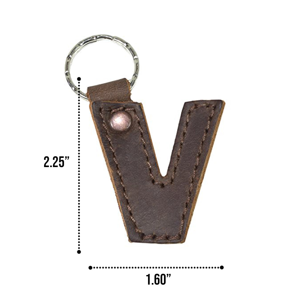 Detailed dimensions of letter V in leather keychain by Hide & Drink. This durable Alphabet Letter Keychain made from Full Grain Leather showcases artisan dedication to small batch production from La Antigua Guatemala.