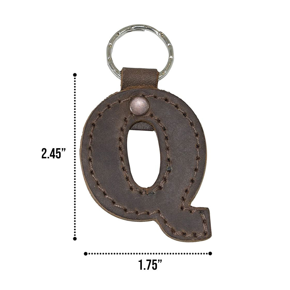 Detailed dimensions of letter Q in a leather Alphabet Letter Keychain by Hide & Drink. This sturdy Full Grain Leather accessory demonstrates the artisan's dedication to small batch craftsmanship from La Antigua Guatemala.