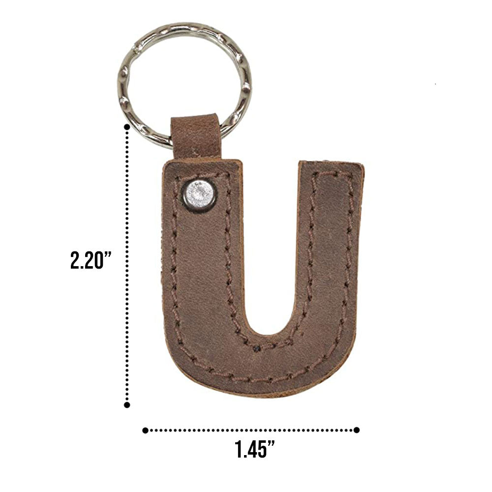 Dimensions of letter U in leather keychain by Hide & Drink. This Alphabet Letter Keychain, featuring thick Full Grain Leather, demonstrates the artisan craftsmanship prevalent in small batch production from La Antigua Guatemala.